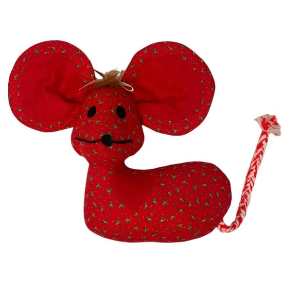 Vintage Handmade 12” Stuffed Mouse Red Calico Floral Cotton Cloth Fabric Felt - Picture 1 of 7